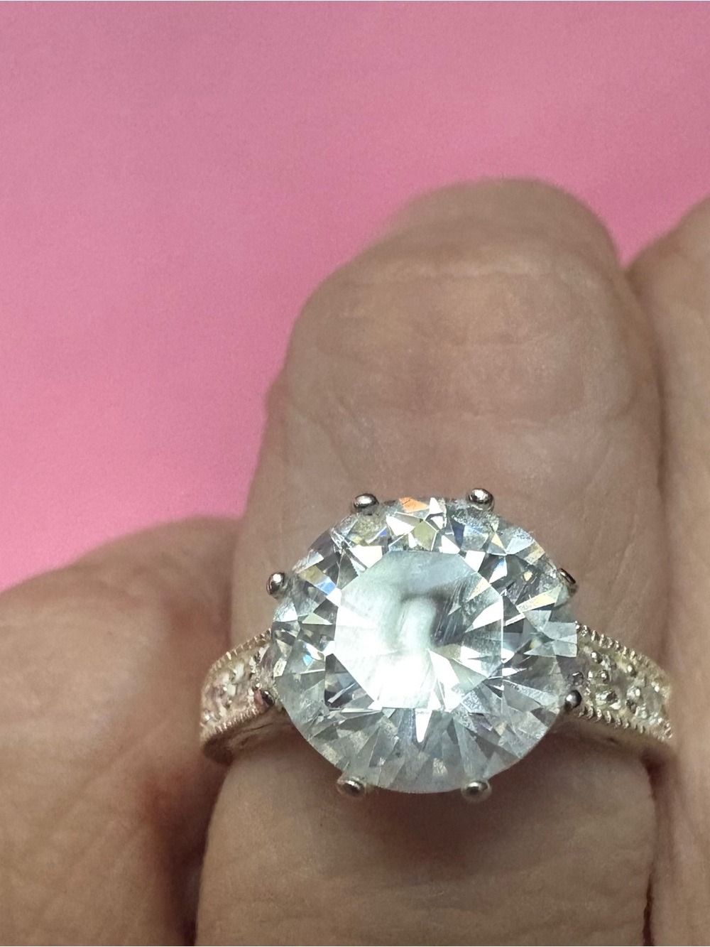Sterling Silver VTG  Round 3 CT  CZ  Solitaire Ring Size 7 N Accent CZ On Sides